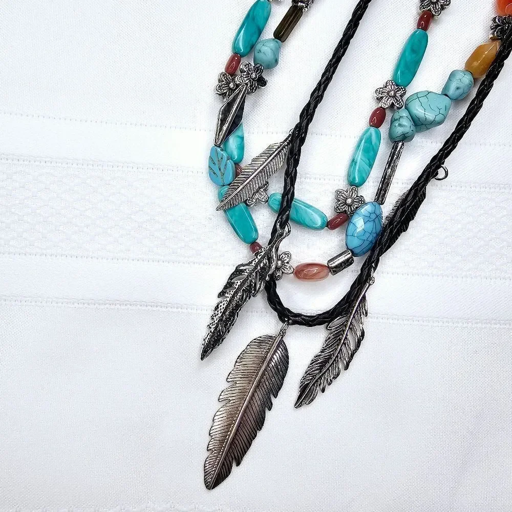 Turquoise Beaded Layered Necklace Set w/ Matching Hook Earrings